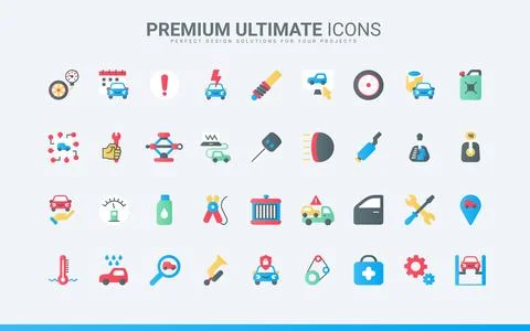 Workshop garage equipment, car maintenance service trendy flat color icons set Stock Illustration