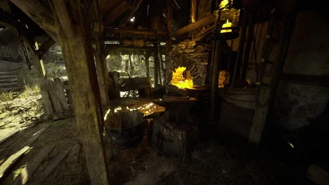 Workshop with glowing tools. Crafting space illuminated by fire Stock Footage 341588715