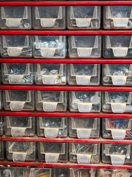 Workshop hardware storage organizing fasteners and small parts Stock Photos
