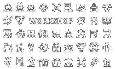 Workshop icon set in line design. Training, Learning, Skills, Education, work Stock Illustration