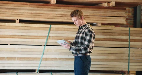Workshop, inspection and carpenter on tablet for material, quality assurance and Stock Footage 341304557
