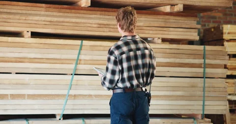 Workshop, inspection and carpenter on tablet for inventory, quality assurance Stock Footage 341304795