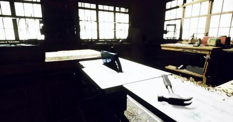 Workshop interior with cluttered workbench and tools ready for crafting Stock Illustration
