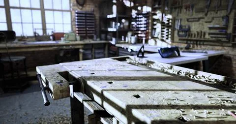 Workshop interior showcasing a well used workbench and tools Stock Illustration