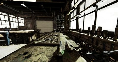 Workshop interior with tools and wood on a table in daylight hours Stock Illustration