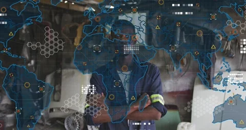 Workshop mechanic standing arms crossed while world map fading, layering data Stock Footage 331125980