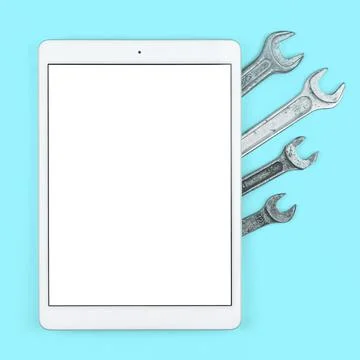 Workshop mockup screen, tablet with blank white screen on bright office table Foto stock