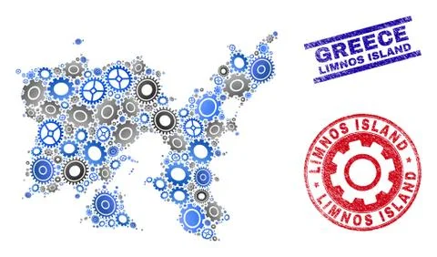 Workshop Mosaic Vector Limnos Island Map and Grunge Stamps Stock Illustration