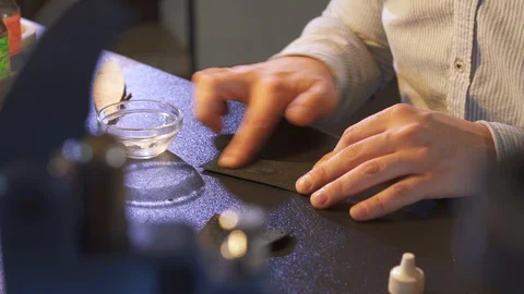 Workshop owner works in workplace. Handmade handicraft. Stock-Footage 130146260