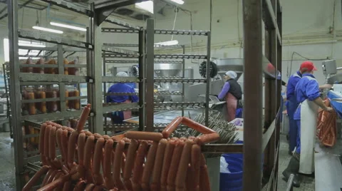 Workshop for production of sausage, worker puts sausages on cart Stock Footage 63997032