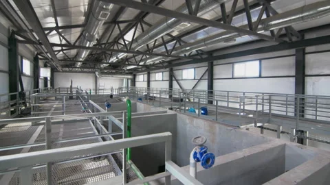 Workshop of purification complex features empty aeration basins Stock Footage 278714007