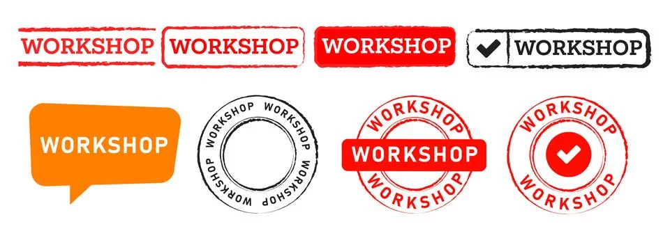 Workshop rectangle circle stamp and speech bubble label sticker sign Stock Illustration