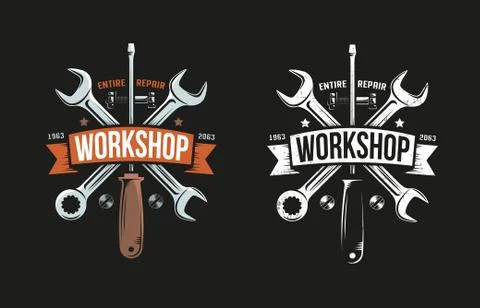 Workshop retro logo with wrench, screwdriver and heraldic ribbon Stock Illustration