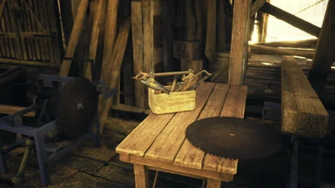Workshop scene detailed. Carpentry tools rest on aged wooden surface Stock Footage 331397402