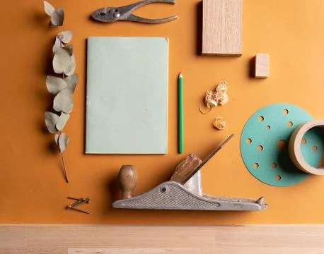 Workshop scene. Tools on the table and board. Stock Photos