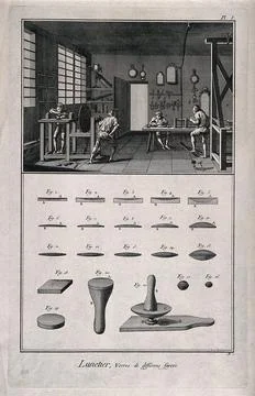 The workshop of the spectacle maker and examples of his craft. Line engravi.. Stock Illustration