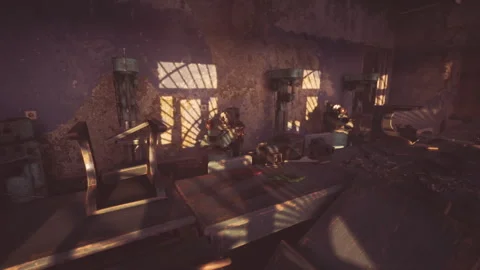 Workshop with sunlight casting shadows on tools and machinery Stock Footage 317381268