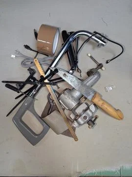 Workshop Tool Collection. Various Carpentry Implements Arranged Around Vise.. Stock Photos