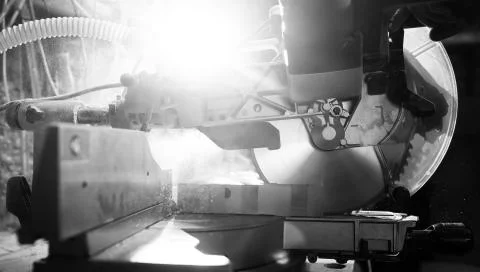 Workshop with tools and electric saws in the process 스톡 사진