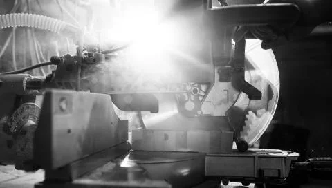 Workshop with tools and electric saws in the process 스톡 사진
