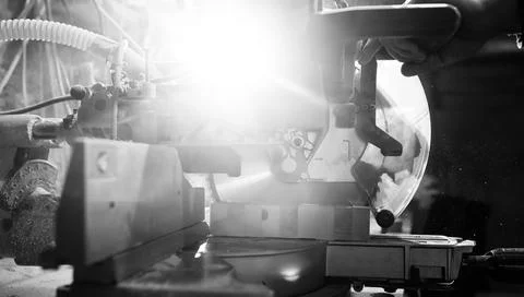 Workshop with tools and electric saws in the process 스톡 사진