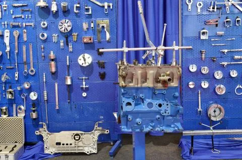 Workshop with tools and engine 스톡 사진
