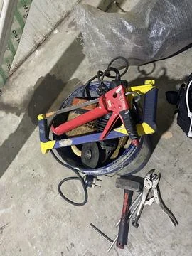 Workshop Tools Clutter on Concrete Floor Construction Site Equipment Stock Photos