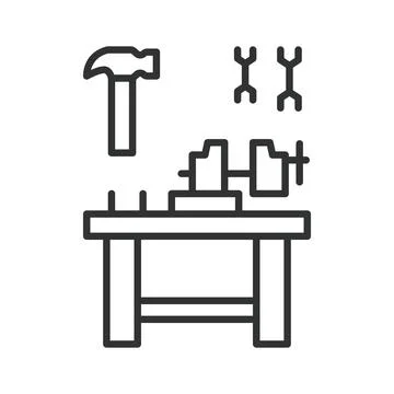 Workshop tools icon in line design. Workshop, tools, hammer, wrench, vise Stock Illustration