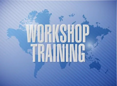 Workshop training world map sign concept Stock Illustration