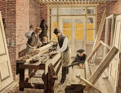 Workshop in which carpenters use woodworking tools such as planers and chisels, Ilustración de archivo