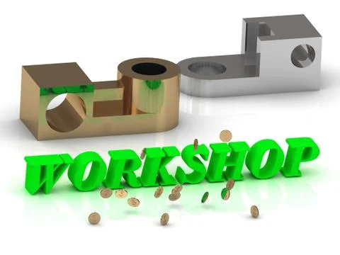 WORKSHOP- words of color letters and silver details and bronze details on whi Stock Illustration