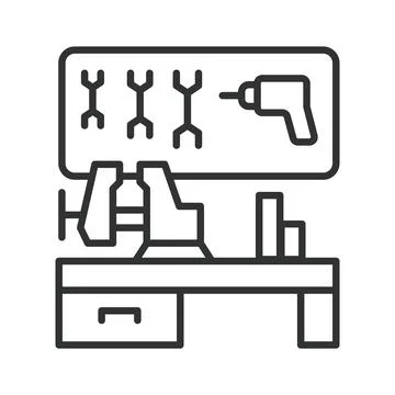 Workshop workbench with tools icon in line design. Workbench, workshop, tools Illustration