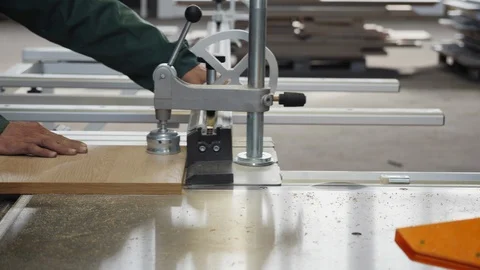 Workshop workers use industrial wood saw machine Stock Footage 106801780