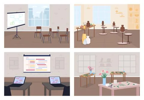 Workshops flat color vector illustration set Stockillustratie