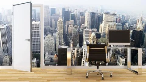 Workspace and city view for artwork-3D Rendering Stock Illustration