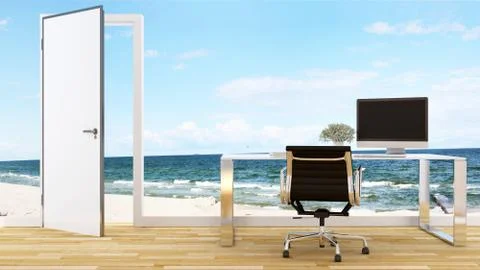 Workspace and sea view for artwork-3D Rendering Stock Illustration