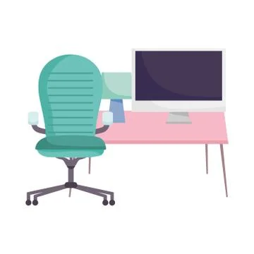 Workspace armchair computer desk and lamp isolated design white background Stock Illustration