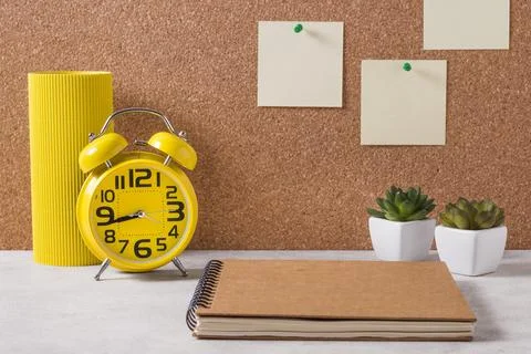 Workspace arrangement with clock. High quality and resolution beautiful pho.. Stock Photos
