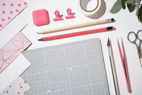 Workspace for art paper creative projects. Place for your text. Stock Photos