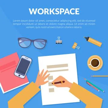 Workspace Banner with Objects Rested on Desk Top View of Table Vector Template Stock Illustration
