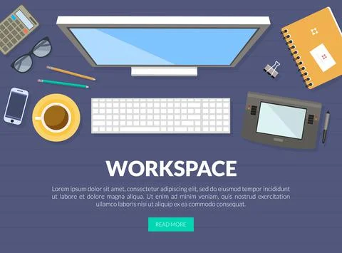 Workspace Banner with Objects Rested on Desk Top View of Table Vector Template Stock Illustration