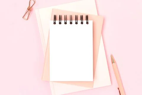 Workspace with blank notepad mockup and stationery. Stock Photos