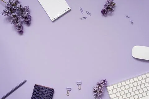 The workspace of a blogger or freelancer Flat lay with a keyboard, notebook.. Stock Photos
