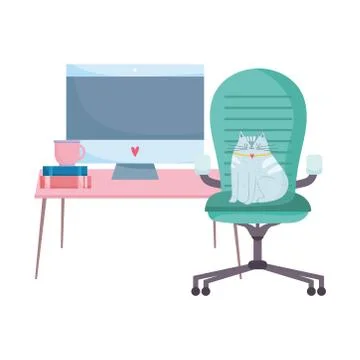 Workspace cat on chair desk computer and plant isolated design white background Ilustración de archivo