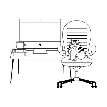 Workspace cat on chair desk computer and plant isolated icon line style Stock Illustration
