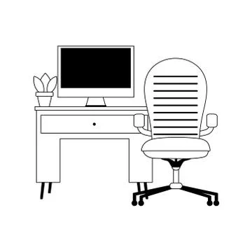 Workspace chair desk computer and plant isolated icon line style イラスト素材