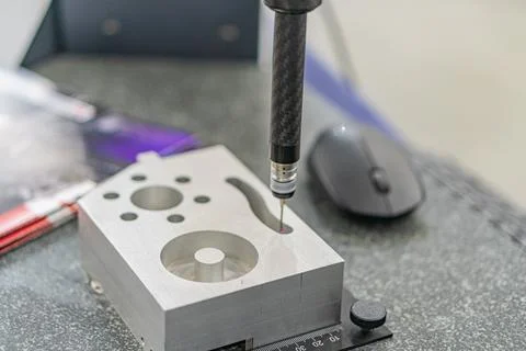 Workspace with CNC milling machine in operation, machining a metal part with  Foto stock