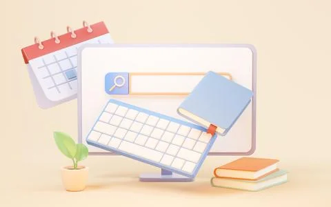 Workspace with computer and books, 3d rendering. Illustrazione stock
