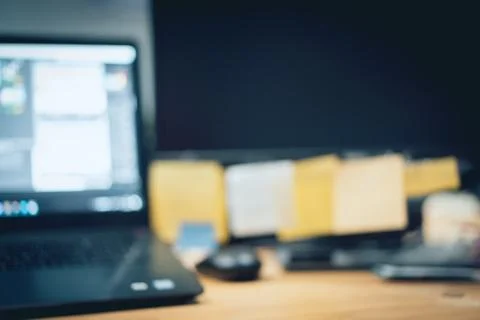 Workspace with computer and notes. blurry. close-up Foto stock