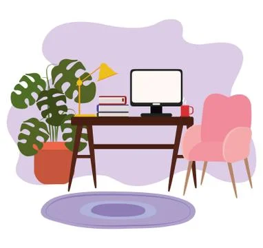 Workspace computer books coffee cup and plant 스톡 일러스트